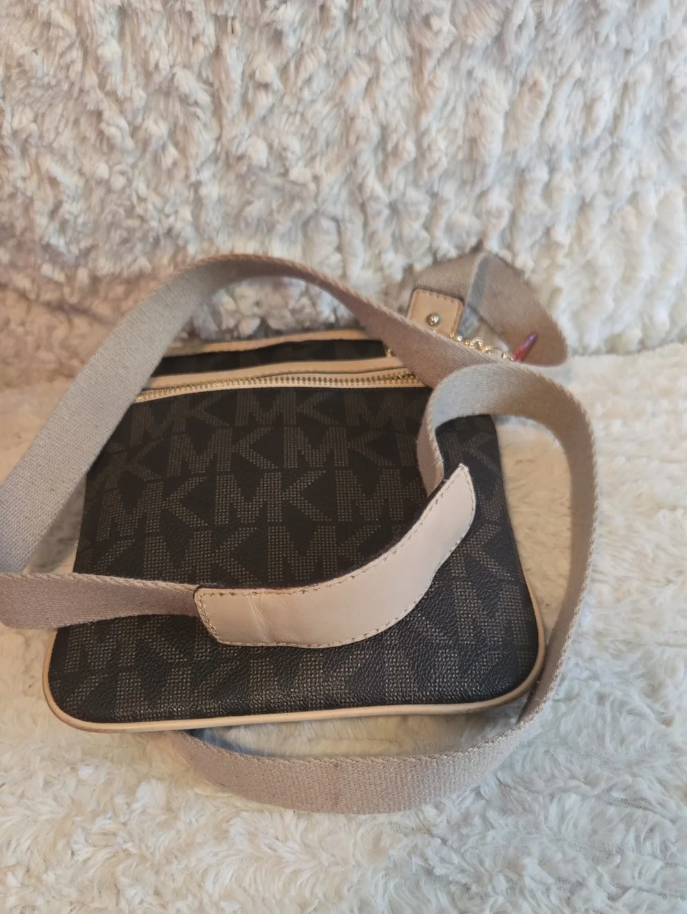 Michael Kors Brown Logo Crossbody with Beige Trim and Pink Butterfly Charm